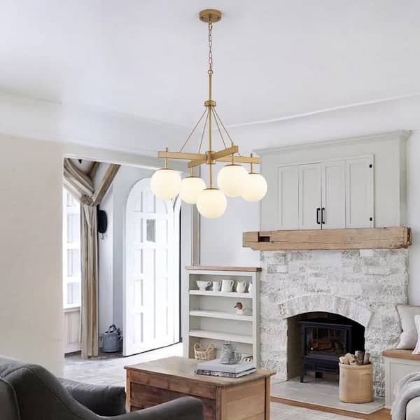HLJYNJM 5-Light Gold Mid Century Sputnik Chandelier with Milk