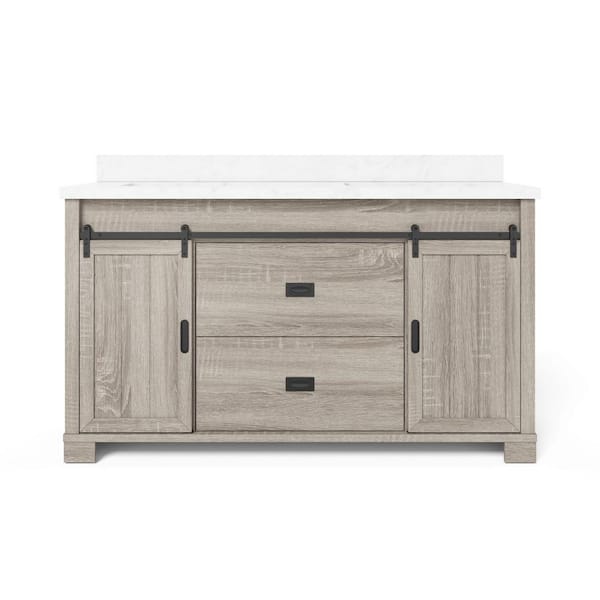 Brindley 60 in. Double Sink Freestanding Weathered Gray Bath Vanity with White Engineered Stone Top (Assembled)