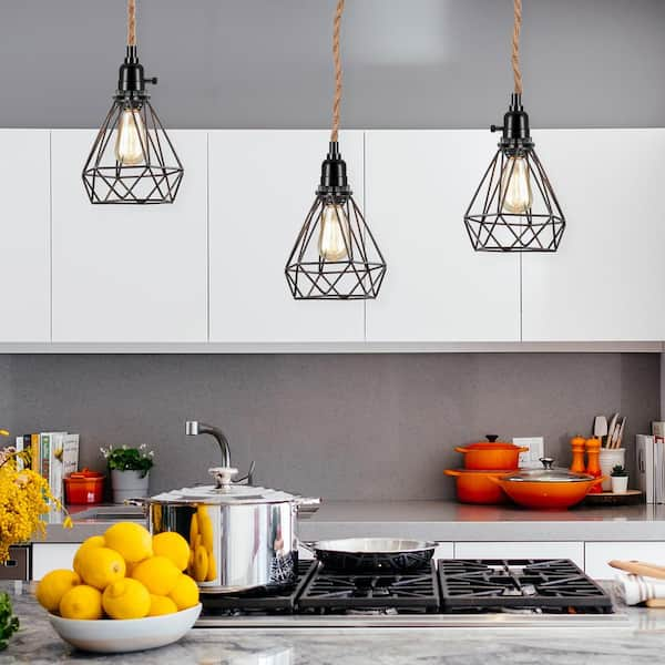 3-Light Vintage Edison Plug-In Farmhouse Mini Pendant Light Black Socket with Hemp Rope Cord