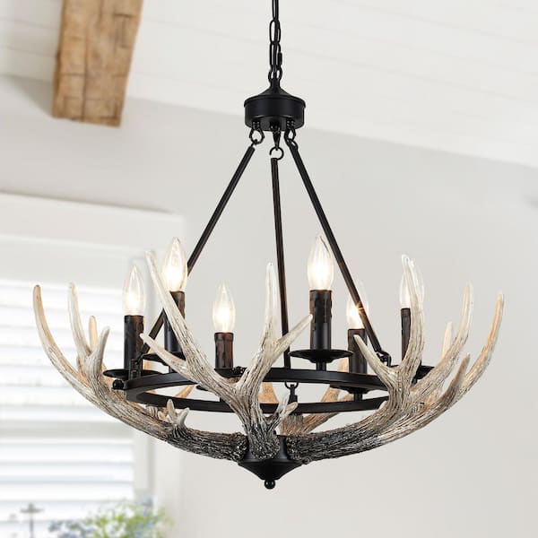 6-Light Black Rustic Antler Chandelier Farmhouse Wagon Wheel Pendant Light for Dining Room