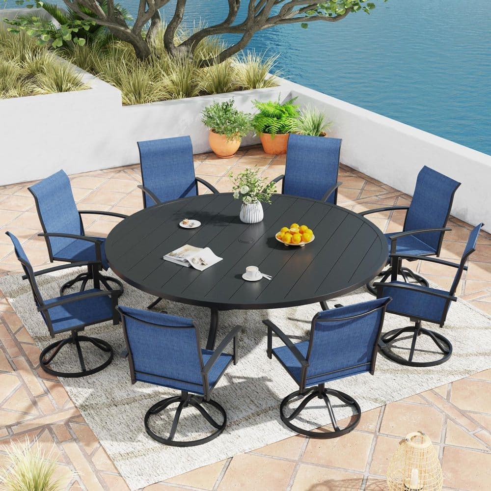 9-Piece Metal Outdoor Patio Dining Set with 63 in. Black Round Table and 8 Blue Textilene Swivel Dining Chairs price history on PriceWatchPro