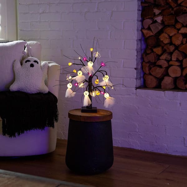 18in. Pre-Lit Artificial Halloween Ghost Dolls, Spiders, Bats and Pumpkins 24 LED Lighted Ornament Twig Tree