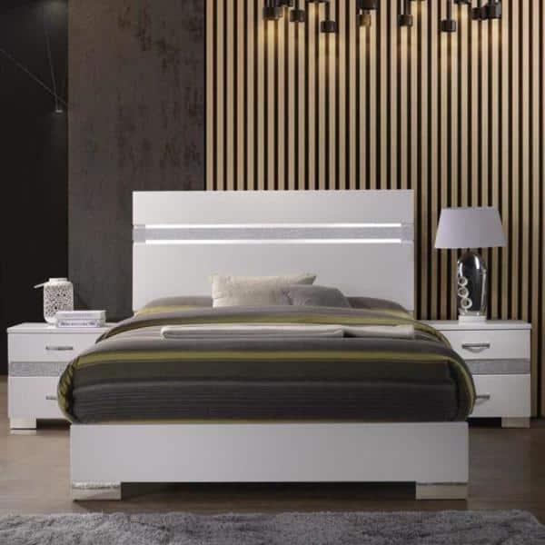 White Queen Upholstered Bed with Crystal Accented Headboard