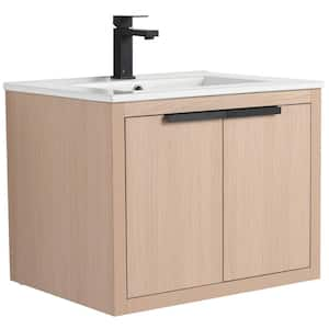 Kingsford 24 in. Single Wall Mounted White Oak Bath Vanity with Doors with White Ceramic Sink