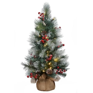 3 ft. Snowy Glacier Artificial Christmas Pine Small Tree in Burlap Base with 50 Warm White Battery Operated LED Lights