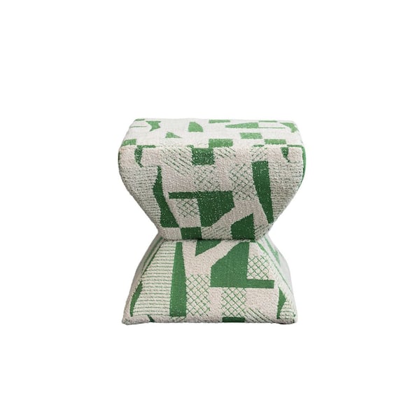 Storied Home Cream and Green Cotton Jacquard Upholstered Square Ottoman