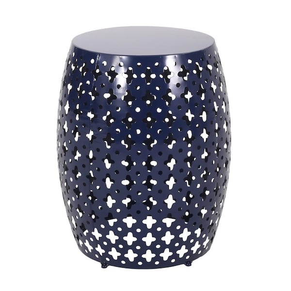 Noble House Lorent Navy Blue Barrel Metal Outdoor Patio Side