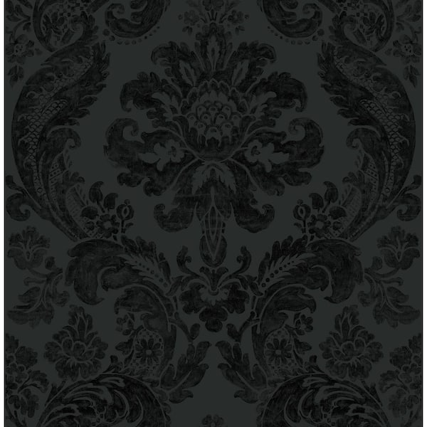 A-Street Prints Shadow Black Flocked Damask Wallpaper Sample