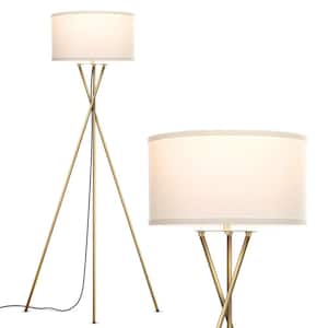 Jaxon 60 in. Antique Brass Mid-Century Modern 1-Light LED Energy Efficient Floor Lamp with White Fabric Drum Shade