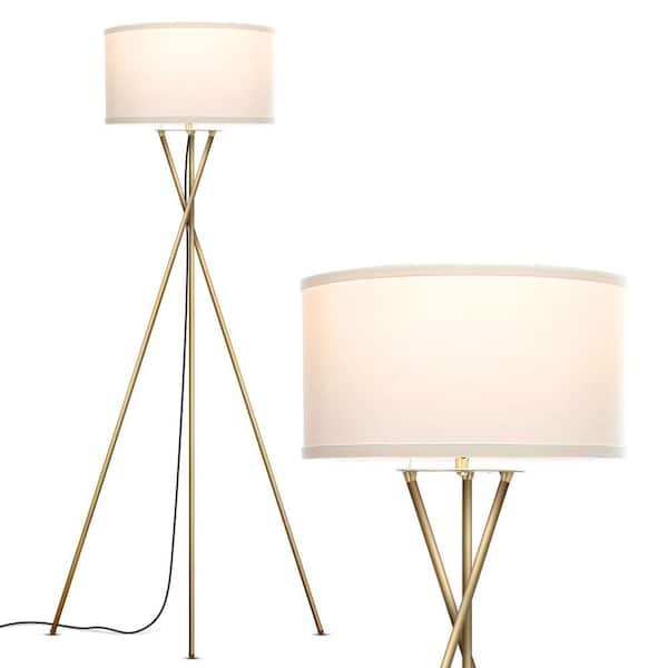 Brightech Jaxon 60 in. Antique Brass Mid-Century Modern 1-Light LED Energy Efficient Floor Lamp with White Fabric Drum Shade