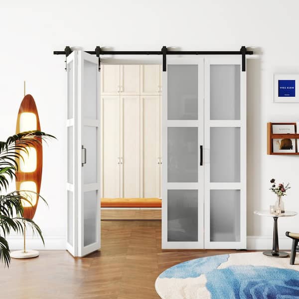 72 in. x 84 in. 36 in. x 2 White, MDF, Frosted Glass, Bi-Fold Style, 3-Lite Glass Panel Barn Door Slab with Hardware Kit