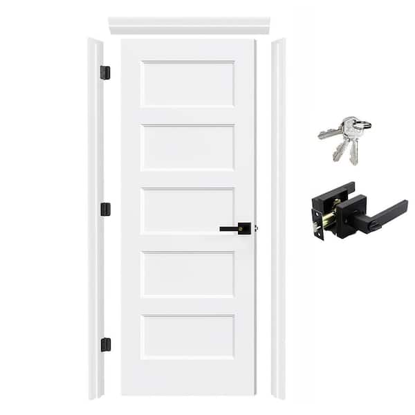 30 in. x 80 in. Left-Hand Primed Hollow Core Wood 5-Panel Interior Single Door w/ Quick-Assemble Jamb & Black Handle