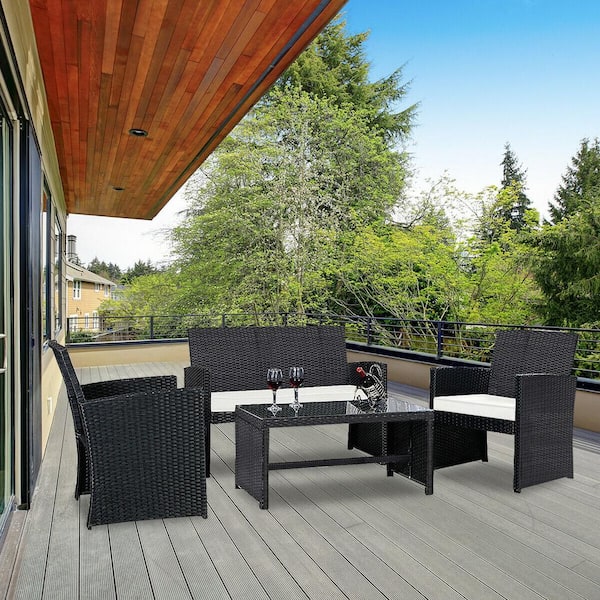 Liviza 4-Piece Wicker Patio Conversation Set with White Cushions