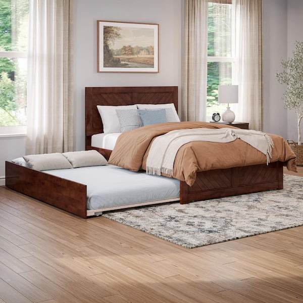Canyon Walnut Brown Solid Wood Full Platform Bed with Matching Footboard and Full Trundle
