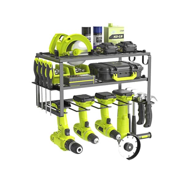 Heavy Duty 3-Layers 8.66 in. Matte Black Iron Space-Saving Wall Rack with 4-Drill Holders and Floating Shelf