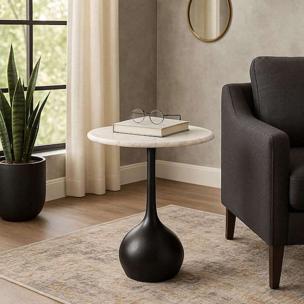 Liv & Skye 15 in. White/Black Round Marble Accent Table
