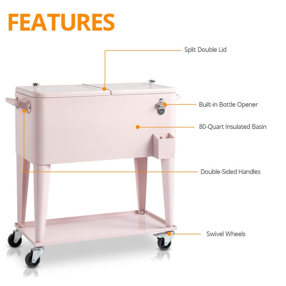 80 Qt Pink Metal Rolling Cooler with Lower Shelf and Lockable Wheels
