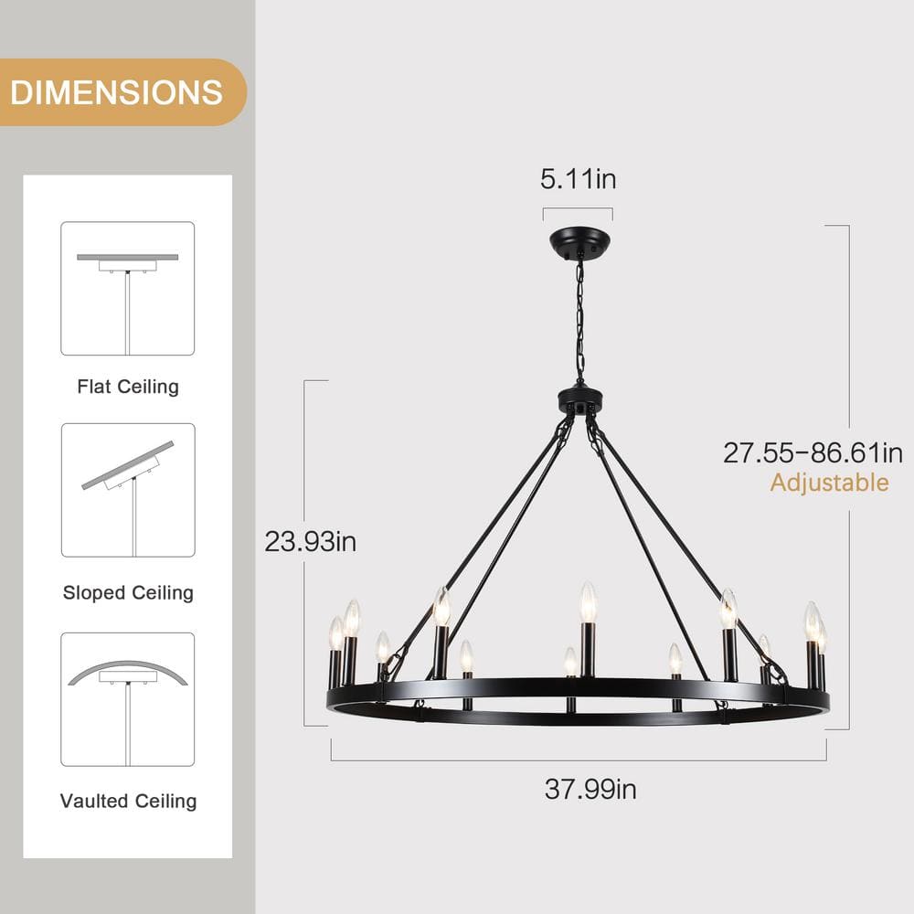 Black Metal 12-Light Candle Wagon Wheel Chandelier