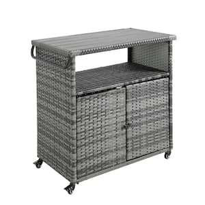 Outdoor Rolling Grey Wicker Ratten Patio Serving Bar Cart with Wood Top Table and Wheels