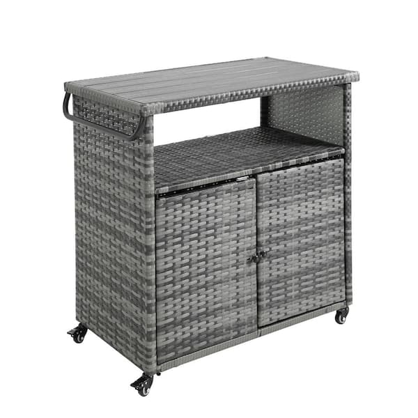 HOMEFUN Outdoor Rolling Grey Wicker Ratten Patio Serving Bar Cart with Wood Top Table and Wheels