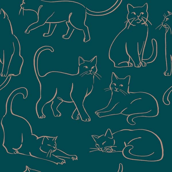 Cat Poses Emerald Green Peel and Stick Wallpaper