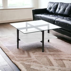 32 in. Black Square Glass Coffee Table with Shelves Storage