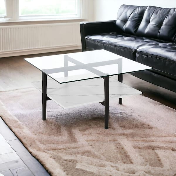 HomeRoots 32 in. Black Square Glass Coffee Table with Shelves Storage