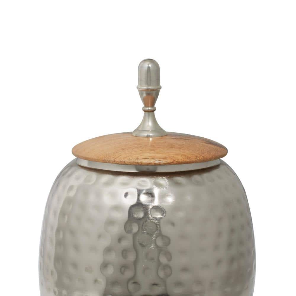 Contemporary 7" x 16" Silver Iron Jar with Wooden Lid