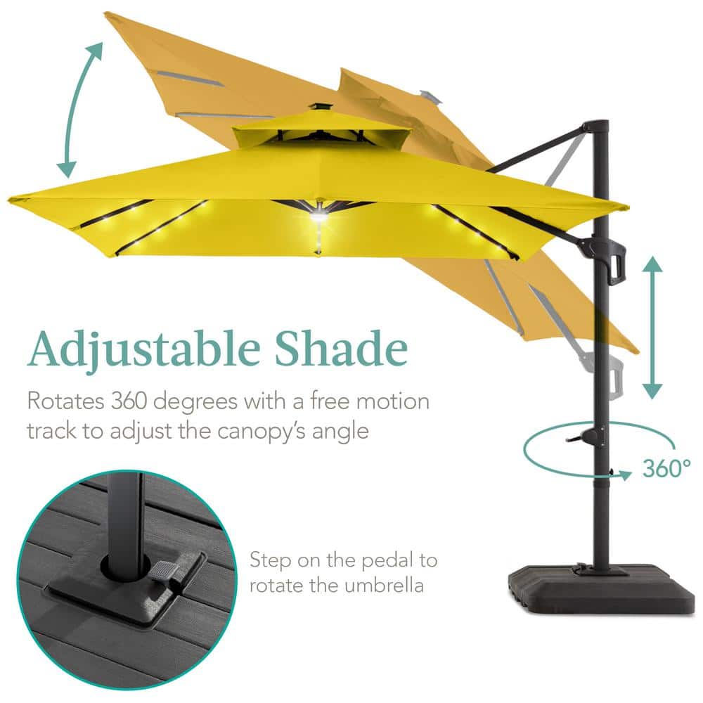 Yellow 10x10ft Solar LED Cantilever Patio Umbrella with Base