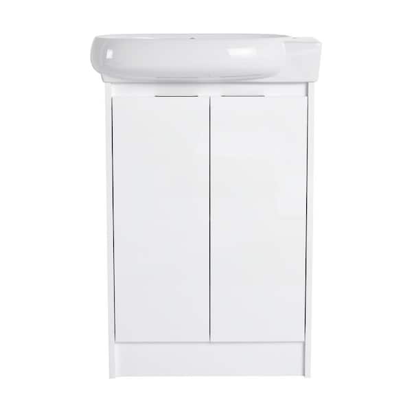 23 in. x 12.4 in. Wall-Mounted Gloss White Bath Vanity with White Round Ceramic Sink Top, Soft-Close Door (Unassembled)