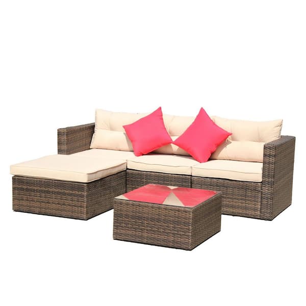 maocao hoom 5-Piece Wicker Patio Conversation Set with Beige Cushions