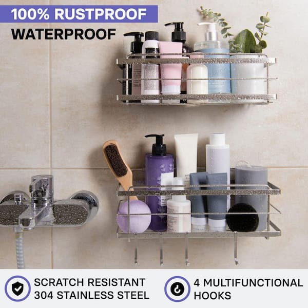 Shower Caddy Organizer Shelf 2 Pack with 2 Soap Holders, Adhesive Wall  Mount Shower Basket Shelves with Hooks, No Drilling, Rustproof 304  Stainless