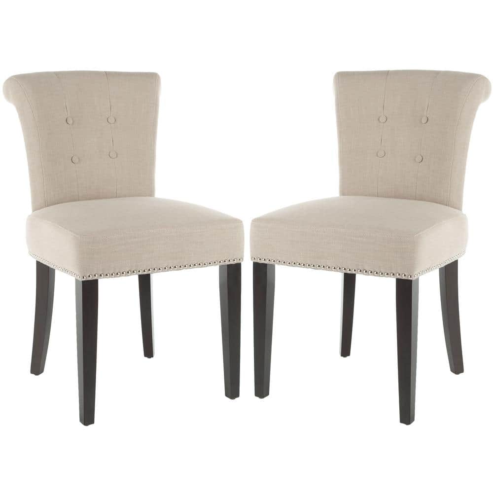 True Taupe Linen Upholstered Parsons Side Chair with Wood Legs