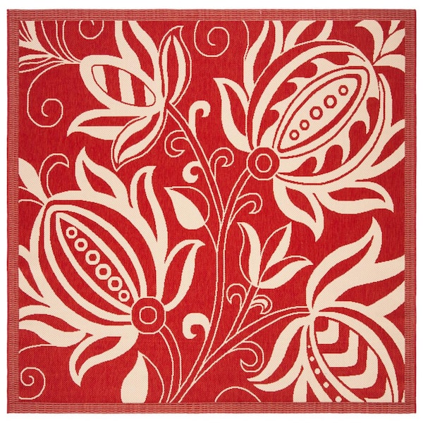 SAFAVIEH Courtyard Red/Natural 7 ft. x 7 ft. Square Border Indoor/Outdoor Patio  Area Rug