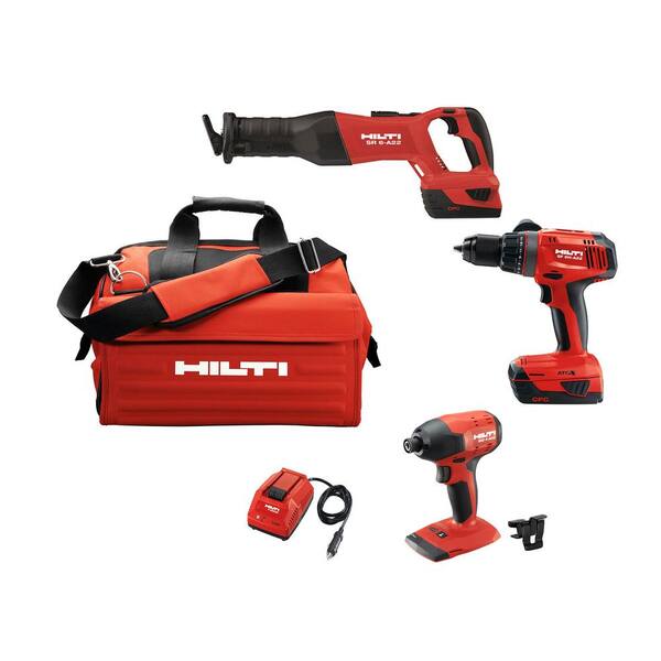 Hilti 22-Volt Lithium-Ion Keyless Chuck Cordless Hammer Drill Driver/Impact Driver Combo/Recip Saw Kit with DC Car Charger