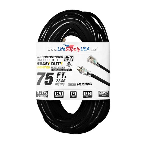 LifeSupplyUSA 75 ft. 14-Gauge/3 Conductors SJTW 13 Amp Indoor/Outdoor Extension Cord with Lighted End Black (1-Pack)