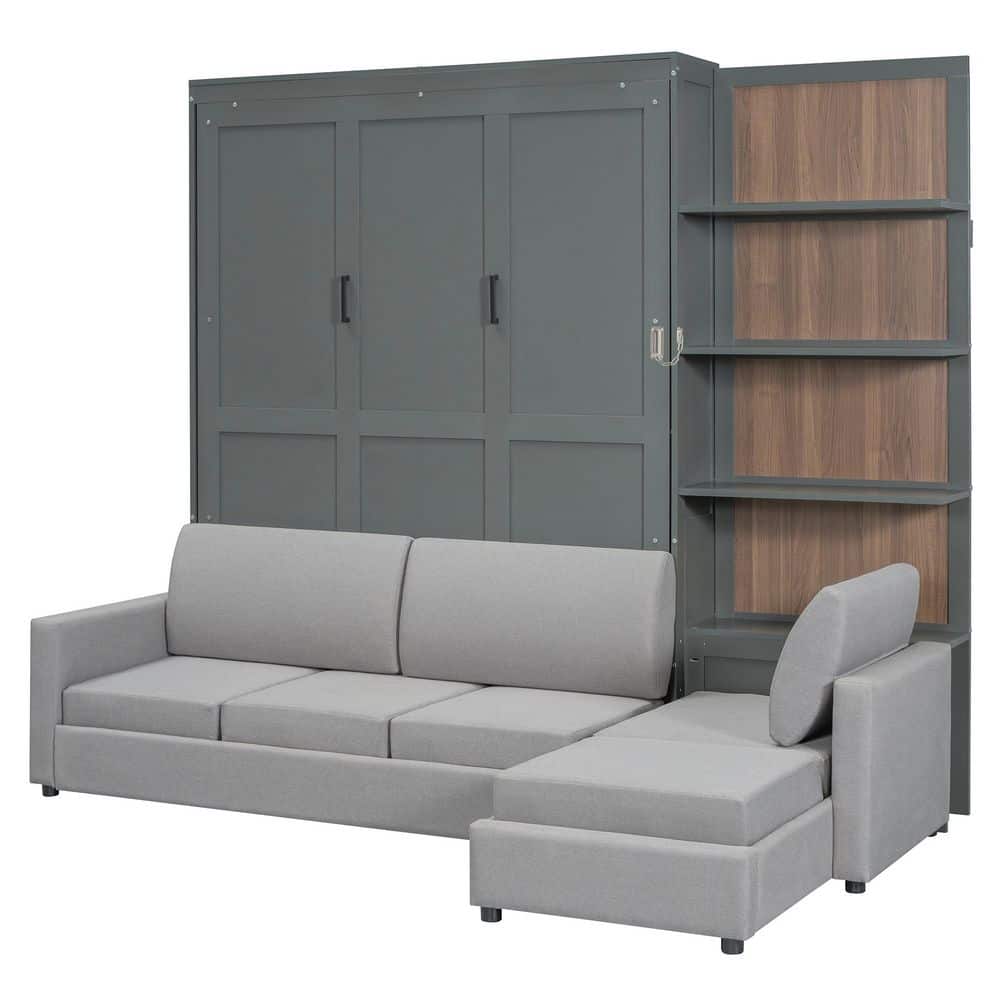 Gray Wood Frame Queen Size Murphy Bed Wall Bed with Sofa and Shelves - thumbnail 9