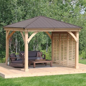 Meridian 12 ft. x 12 ft. Premium Cedar Outdoor Patio Shade Gazebo with a 12 ft. Privacy Wall and Brown Aluminum Roof