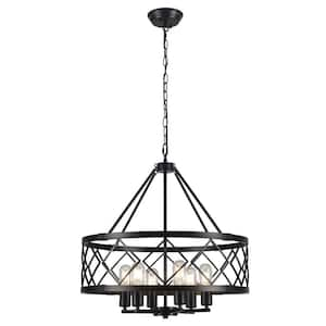 6-Light Black Farmhouse Chandeliers Drum Chandelier with Metal Shade for Dining Rooms