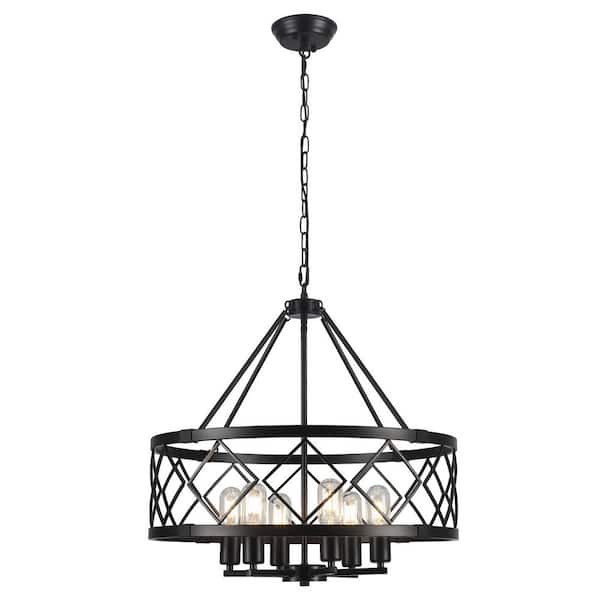 6-Light Black Farmhouse Chandeliers Drum Chandelier with Metal Shade for Dining Rooms