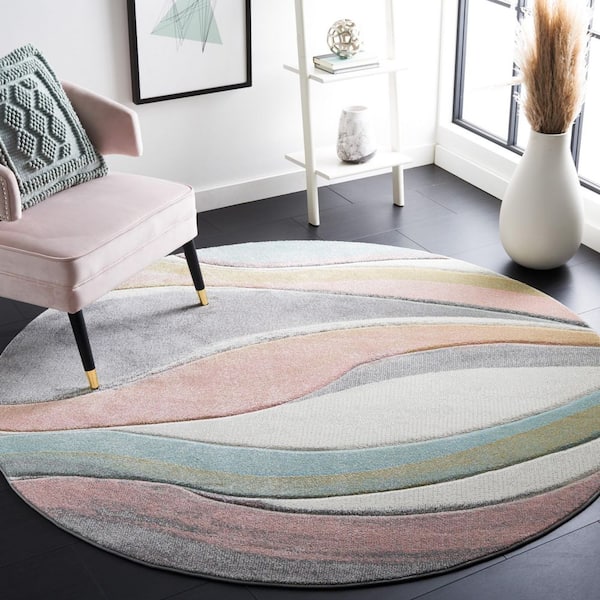 Hollywood Gray/Pink 10 ft. x 10 ft. Gradient Waves Round Area Rug