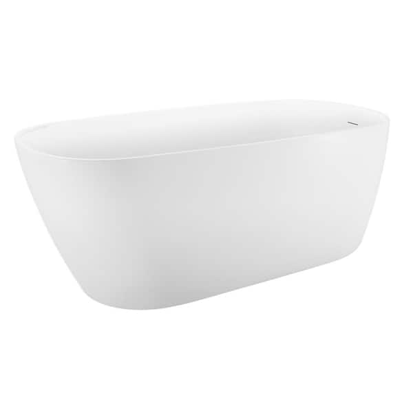 VANITYFUS 58.5 in. Acrylic Freestanding Flatbottom Soaking Bathtub in White with Drain and Overflow