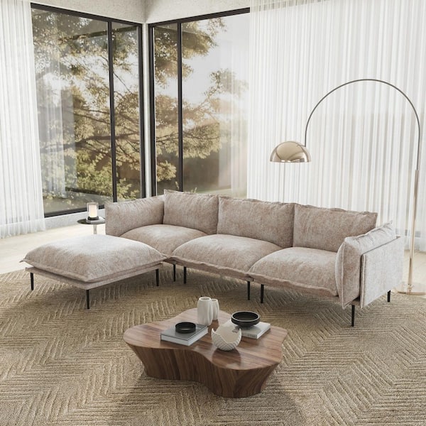 Magic Home 111 in. Tapered Arm Velvet L-Shaped Sectional Sofa, Deep Seat Cloud Couch with Ottoman for Small Space in Tannish