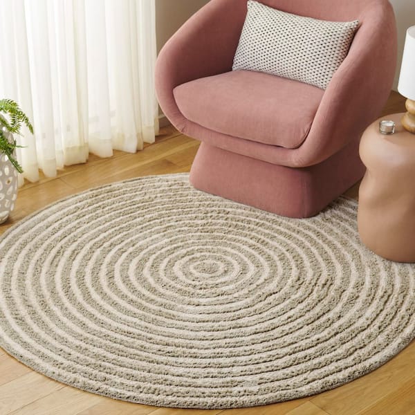 Easy Care 3 ft. x 3 ft. Sage/Ivory Machine Washable High-Low Swirl Solid Round Area Rug