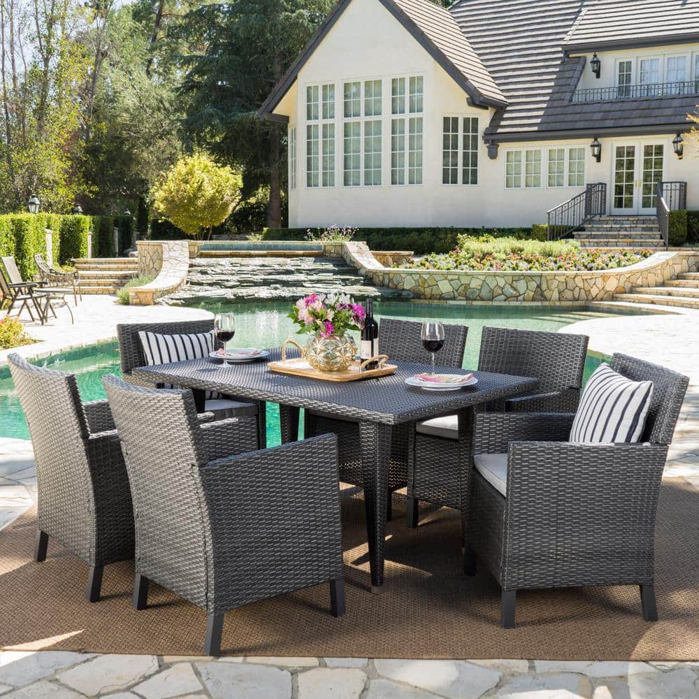 Celeste 29 in. Grey 7-Piece Metal Rectangular Outdoor Dining Set with Light Grey Cushions