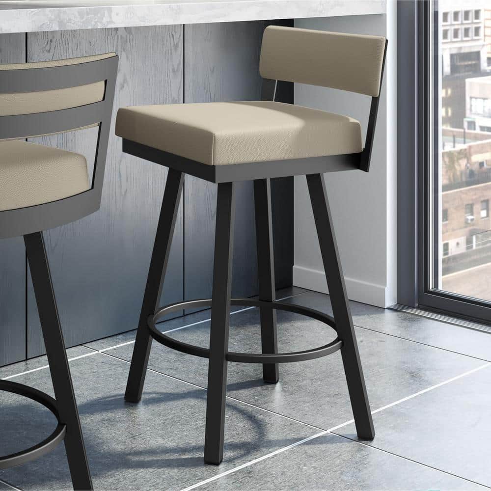 Greige Faux Leather Swivel Counter Stool with Black Metal Frame