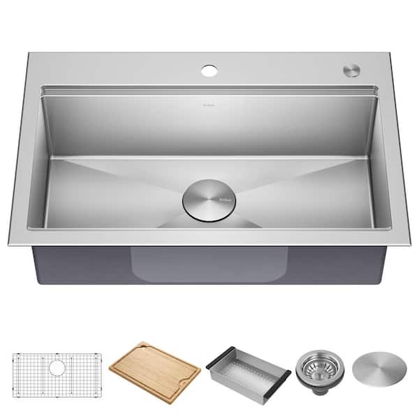 KRAUS Kore 32 in. Drop-In/Undermount Single Bowl 18 Gauge Stainless Steel Kitchen Workstation Sink with Accessories