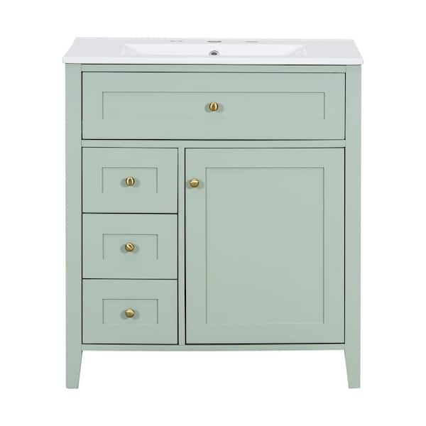 30 in. Freestanding Green Bath Vanity with White Ceramic Top 3 Drawers and Adjustable Shelf