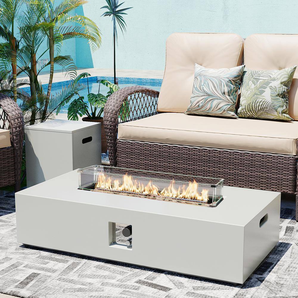 56 in. Outdoor Rectangular Iron White Fire Pit Table with Propane Tank Holder and Glass Wind Guard