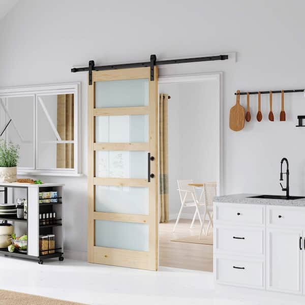 36 in. x 84 in. 5-Lite Tempered Frosted Glass Solid Core Spruce Wood Sliding Barn Door with Hardware Kit
